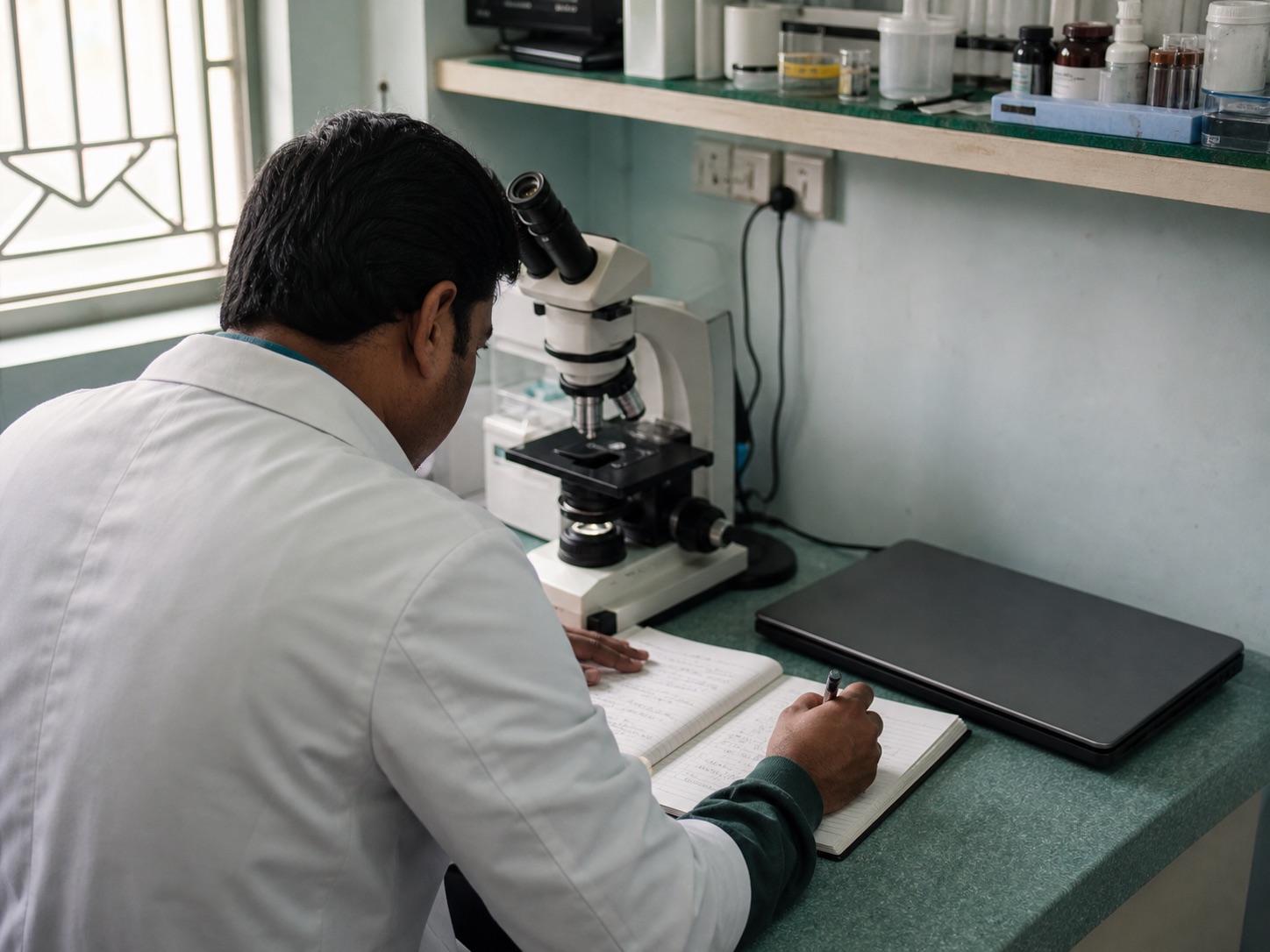 A pathologist documenting laboratory workflow beside a microscope